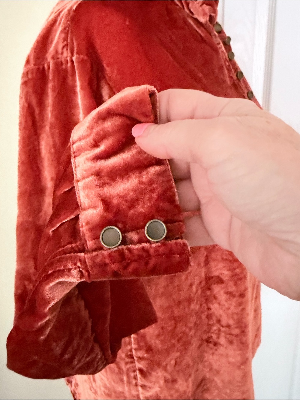 Anthropologie Kristianne Velvet Blouse in the burnt orange/rust Oversized Ruffle - Picture 4 of 10